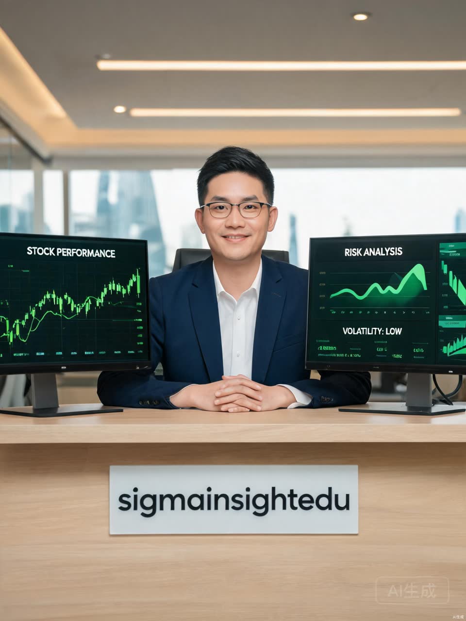sigmainsightedu educator at a trading desk with risk-analysis monitors
